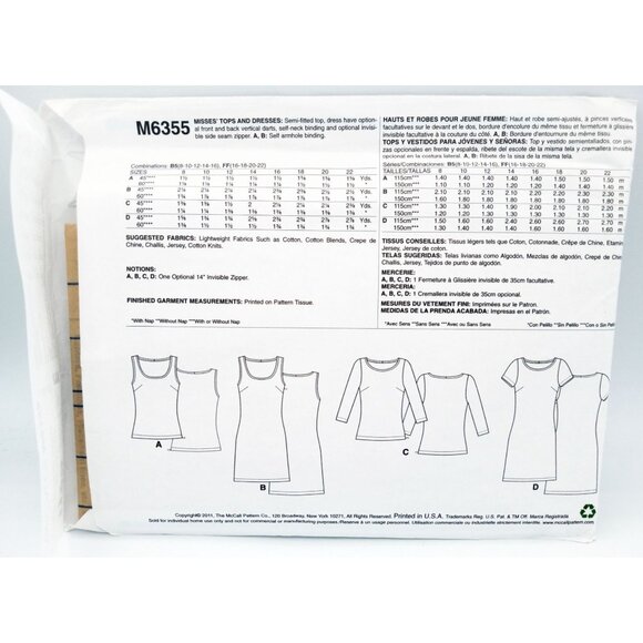 McCalls Pattern M6355 Size B5 8-16 Misses Fashion Tops and Dresses Clothes Uncut - Picture 2 of 2